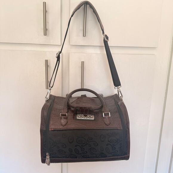 Brighton Lansky Black & Brown Croc Embossed Leather Weekender Travel Duffle Bag - Picture 1 of 11